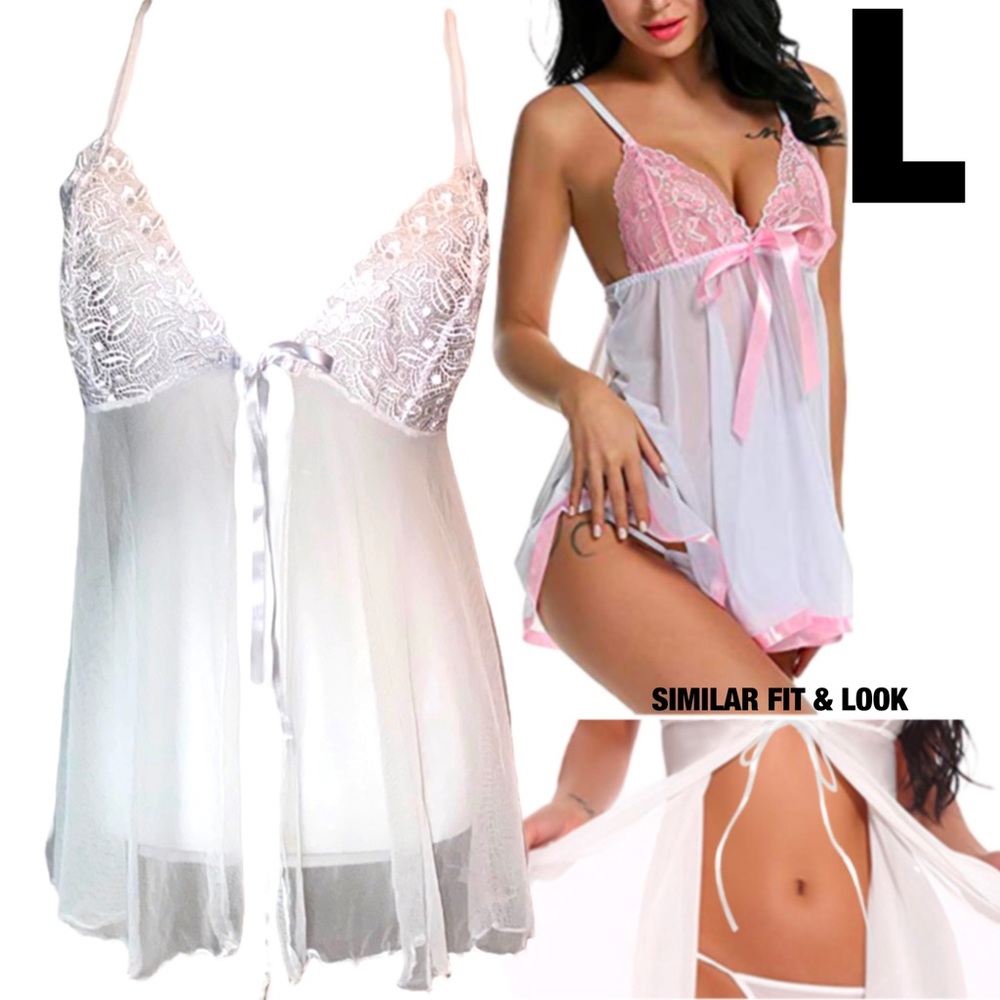 Sheer Lace Knit White Lingerie Chemise Slip Nightie L/XL LARGE - X-LARGE